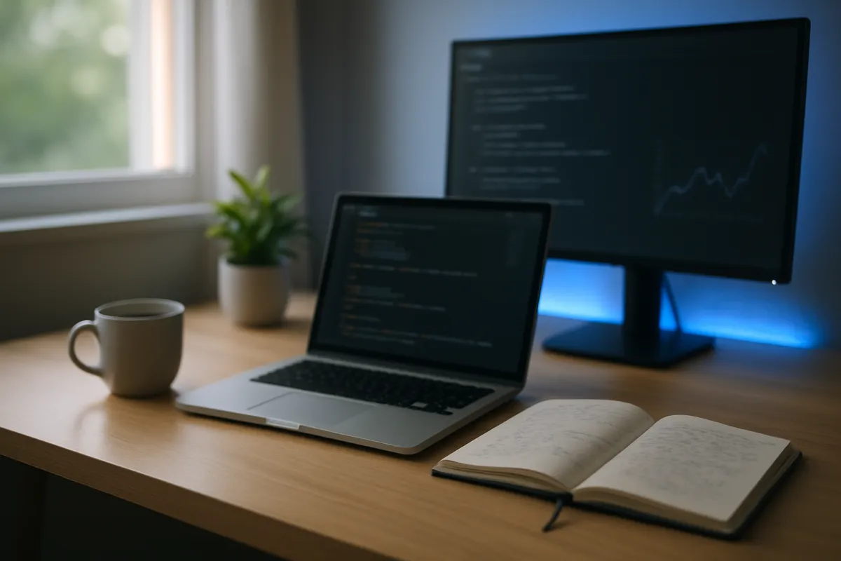 A laptop showing lines of code beside a larger monitor with code and a rising line chart, with an open notebook and a mug on a wooden desk