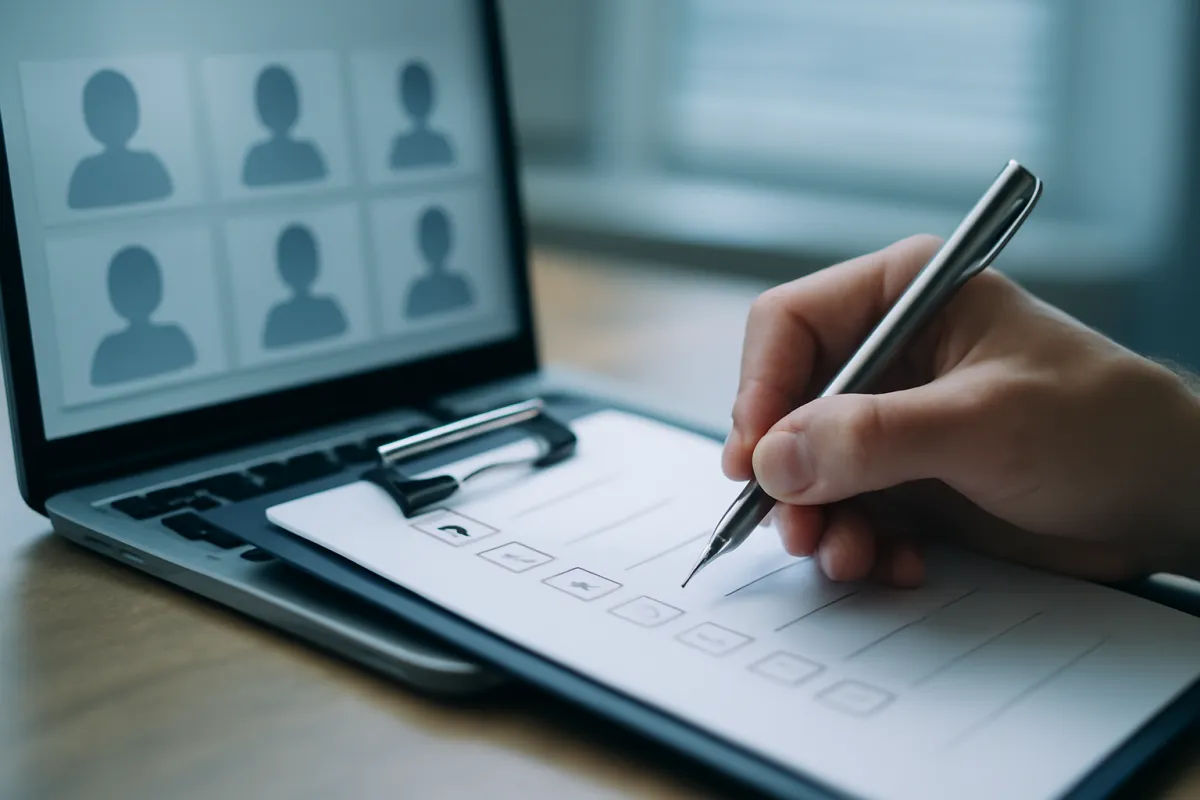 A hand holding a pen and filling in a printed checklist on a clipboard resting across an open laptop keyboard, with the laptop screen showing a grid of plain grey person icons