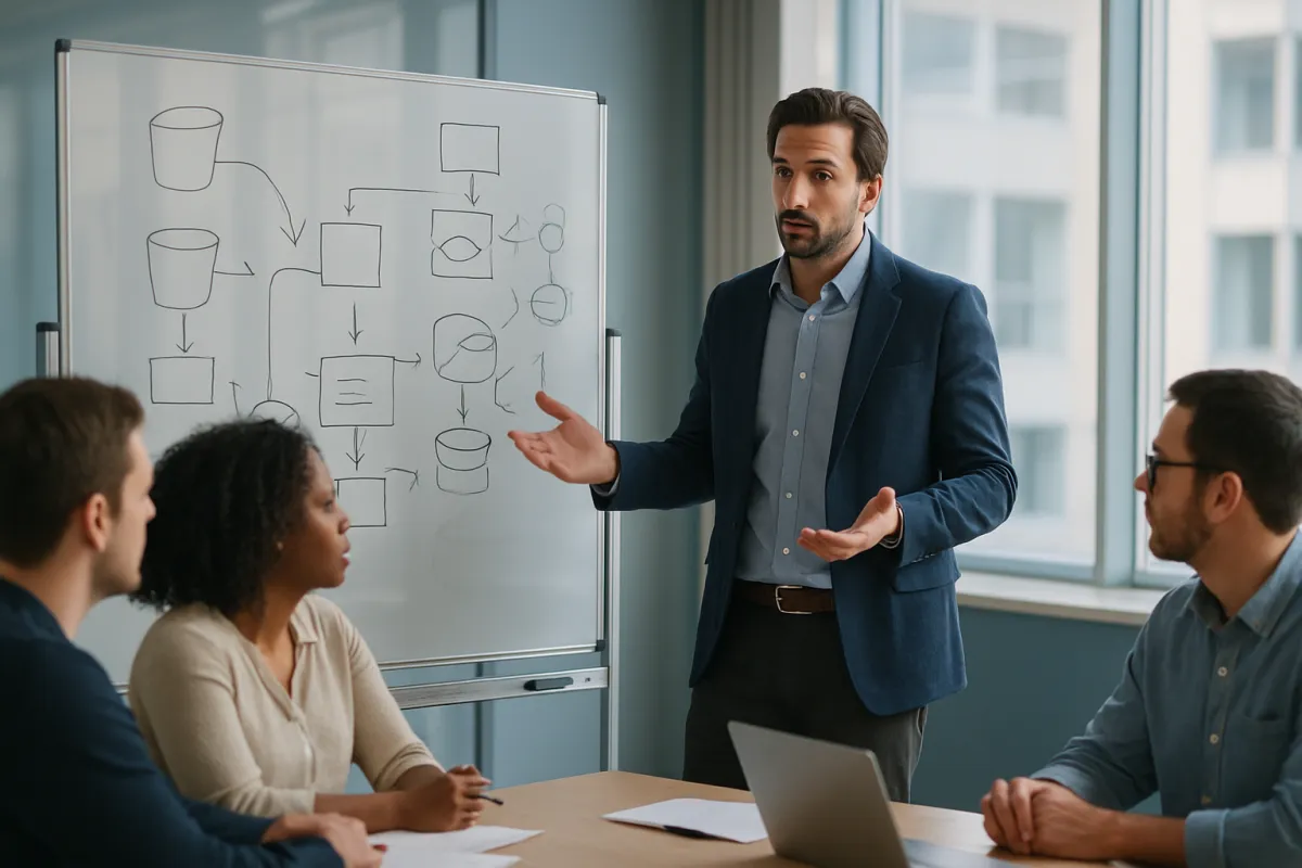 A man in a navy blazer presenting at a whiteboard covered in hand-drawn flow diagrams while three seated colleagues listen from across a meeting table