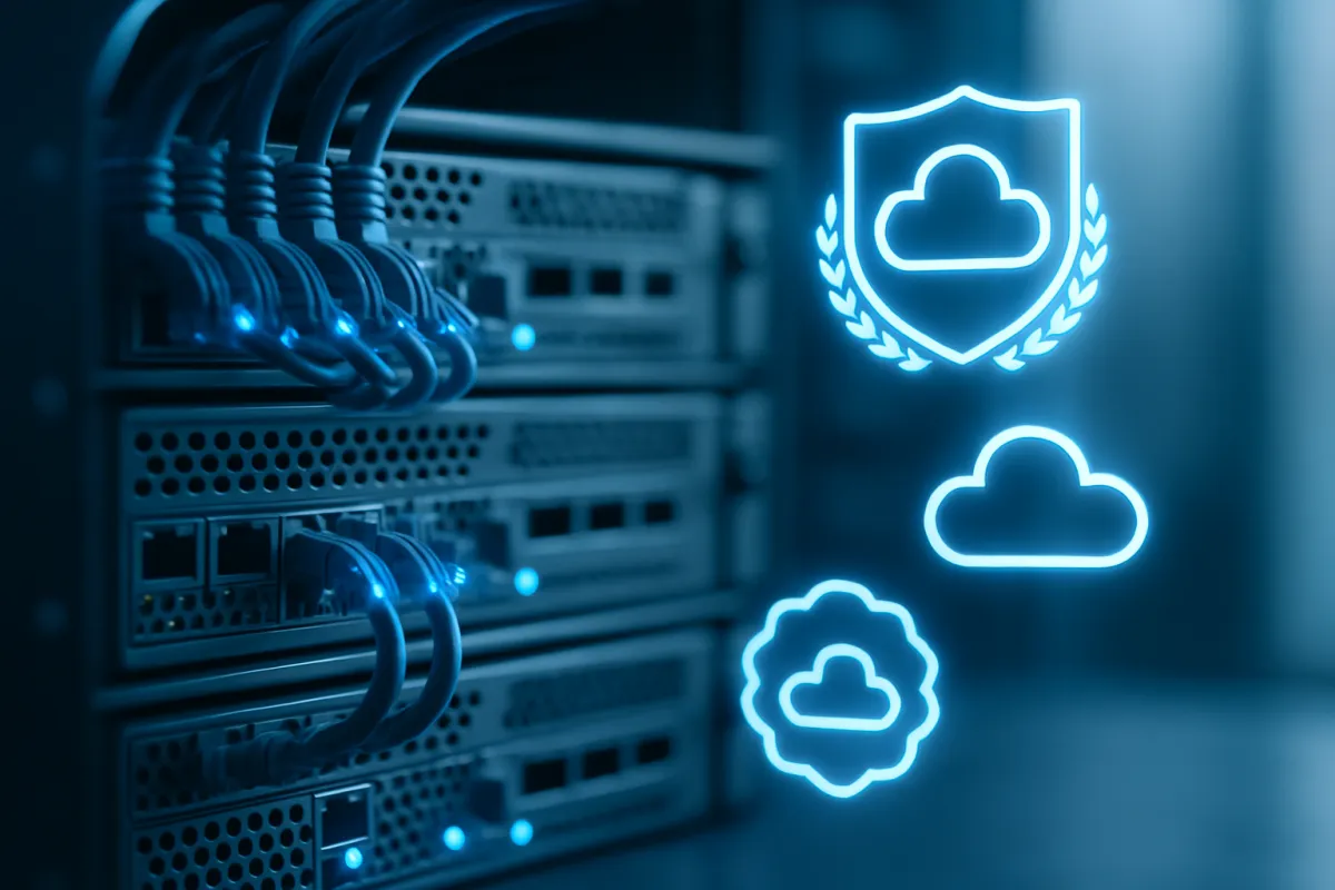 Rows of dark rack-mounted equipment with blue patch cables plugged into their ports, beside three glowing blue outline icons showing a cloud, a cloud inside a shield, and a cloud inside a scalloped badge