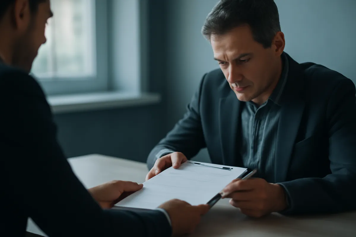 A man in a dark blazer looking down at a printed sheet on a clipboard held out across a table by another person, a pen in his hand, in a plain grey room with a window behind