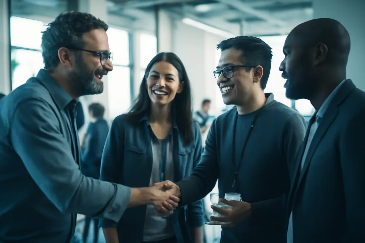 Four people standing and talking in a bright open office, two of them shaking hands while the other two smile and look on, one holding a small glass