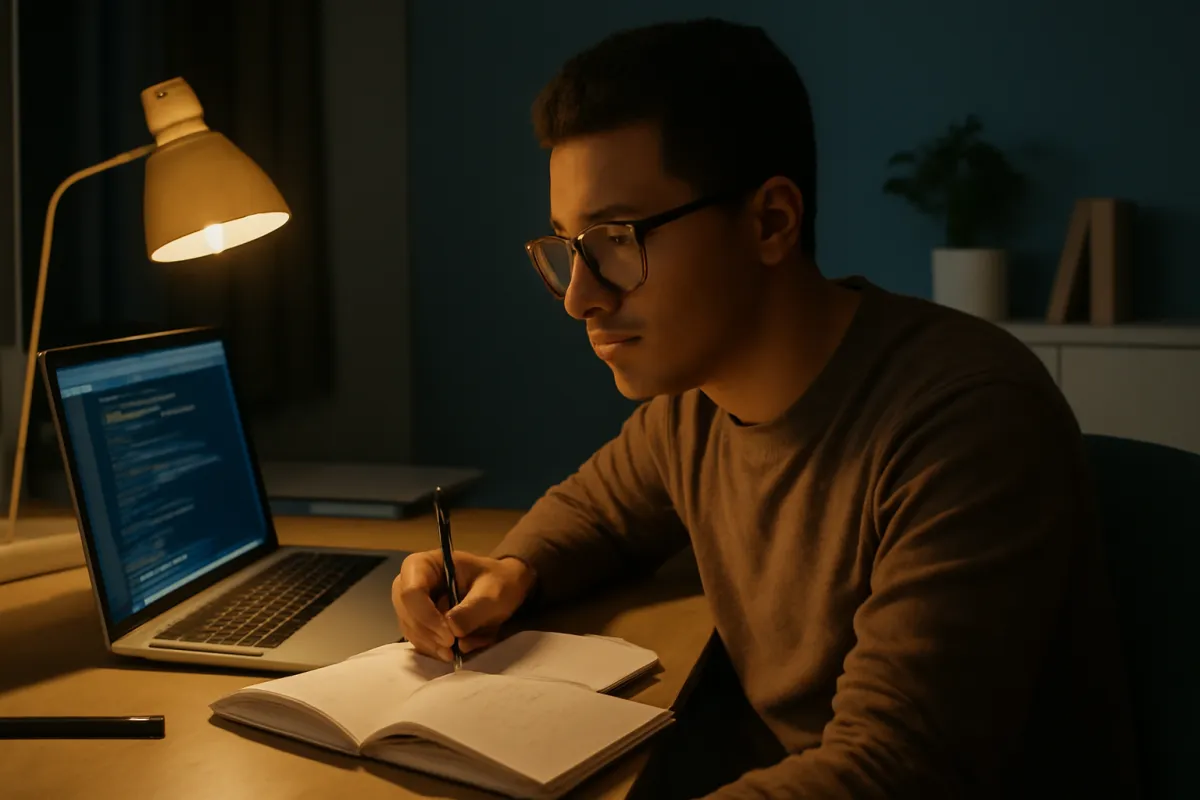 A person in glasses writing in an open notebook at a lamplit desk beside an open laptop showing lines of text