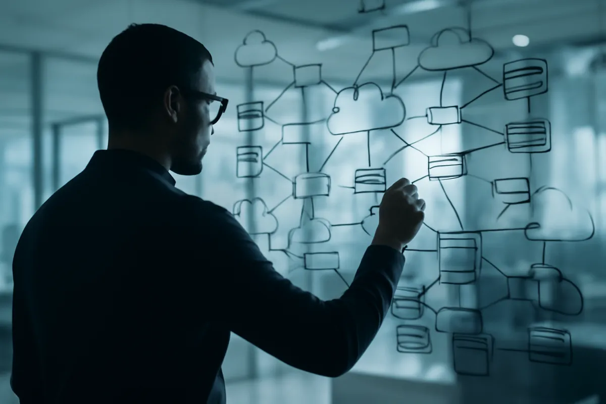 A person in silhouette drawing a network diagram of connected server, database, and cloud icons on a glass board