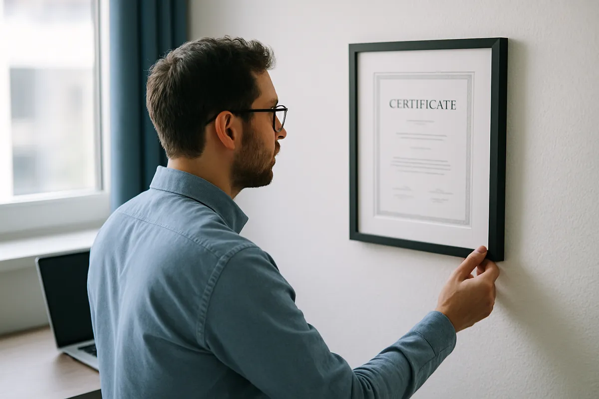 A man in a blue shirt hanging a framed document labeled CERTIFICATE on a white wall beside a window, with a laptop visible on a desk behind him