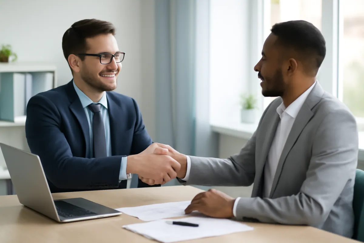 Two people in business attire shaking hands across a desk, with an open laptop and a printed page to one side