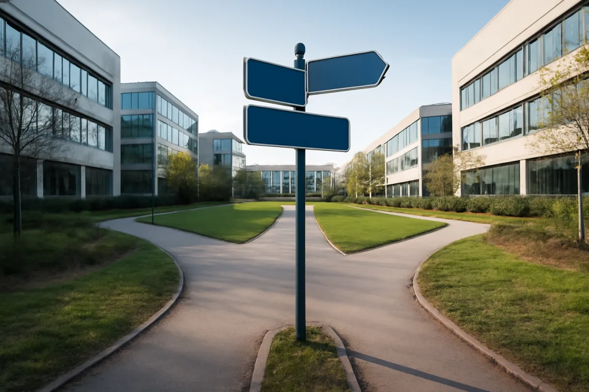A blank directional signpost at a crossroads between modern office buildings, representing the choice between no-degree tech career paths