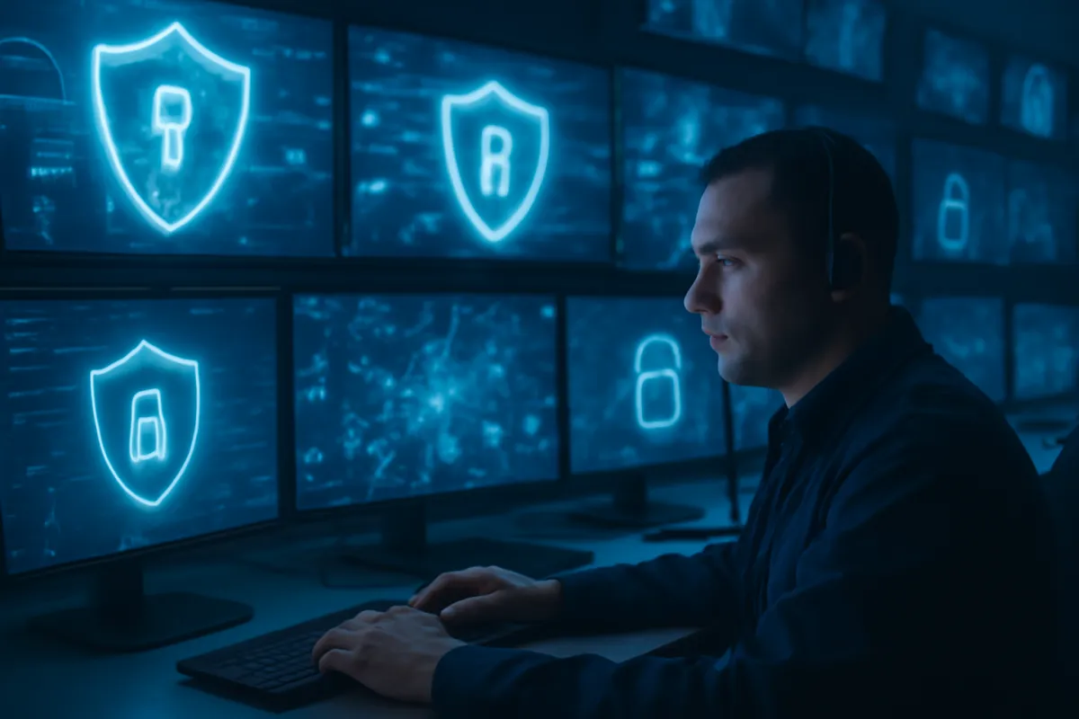 A person wearing a headset at a desk facing a bank of monitors showing glowing shield and padlock icons against a dark blue background